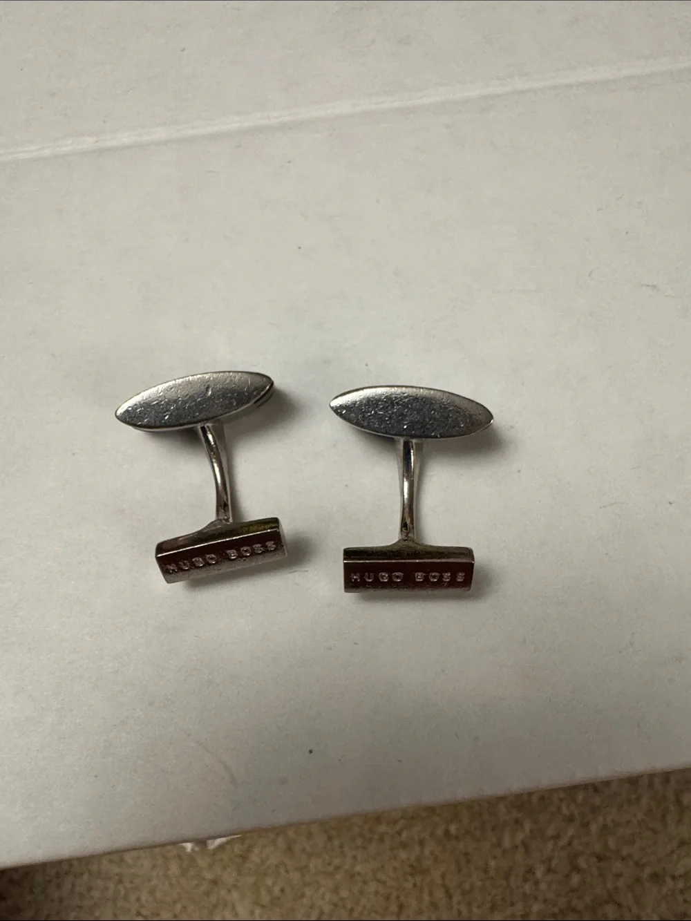 Hugo Boss Silver-Tone Striped Oval Cufflinks